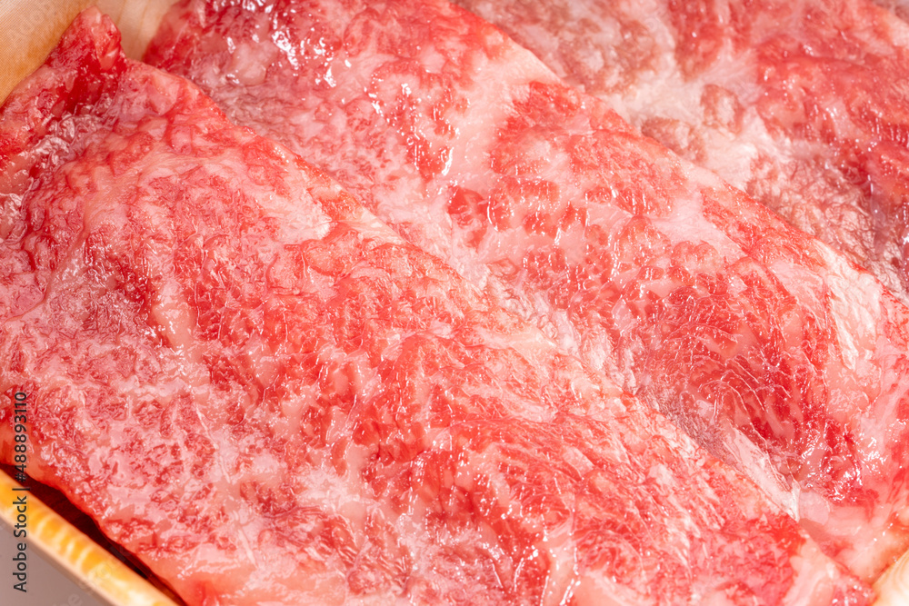 Fresh Premium Rare Slices Wagyu beef with marbled texture.