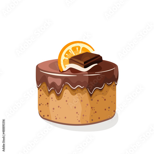 Pyszny tort z czekoladową polewą i pomarańczami. Ciasto urodzinowe. Wektorowa ilustracja na kartkę urodzinową. Słodkie jedzenie, kolorowy pyszny deser na przyjęcie.