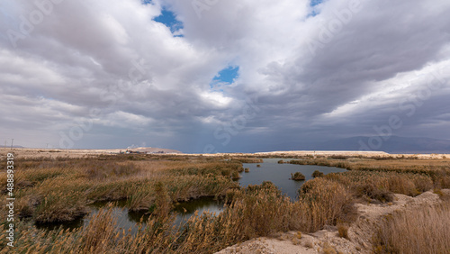 Panorama of The Sodom Saltmarsh Lake also known as Swan Lake located at the southern part of the Ashalim Reservoir near the Dead Sea in southern Israel