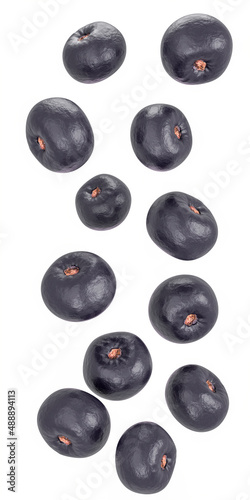 Falling (flying in the air) acai berries isolated on a white background. Whole fruit.