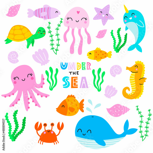 Set of underwater creatures. Vector childish illustration