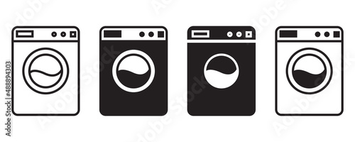 Black washing machines. Editable stroke. Button for clothes design. Vector illustration. stock image.