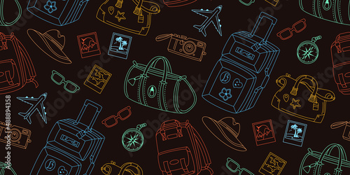 Travel seamless pattern vacation journey doodle drawn line scrapbook wrapper. Vintage camera, glasses photo, luggage suitcase compass, plane trendy design. Holiday baggage cartoon endless background