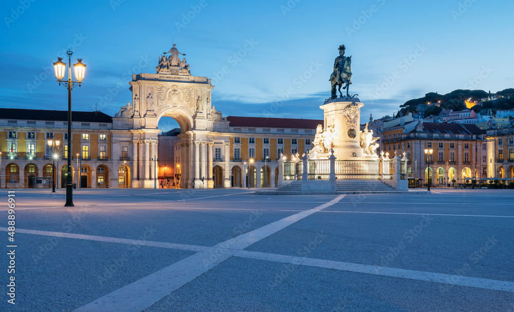 view of the Commerce Square in Lisbon at blue hour - Portugal.