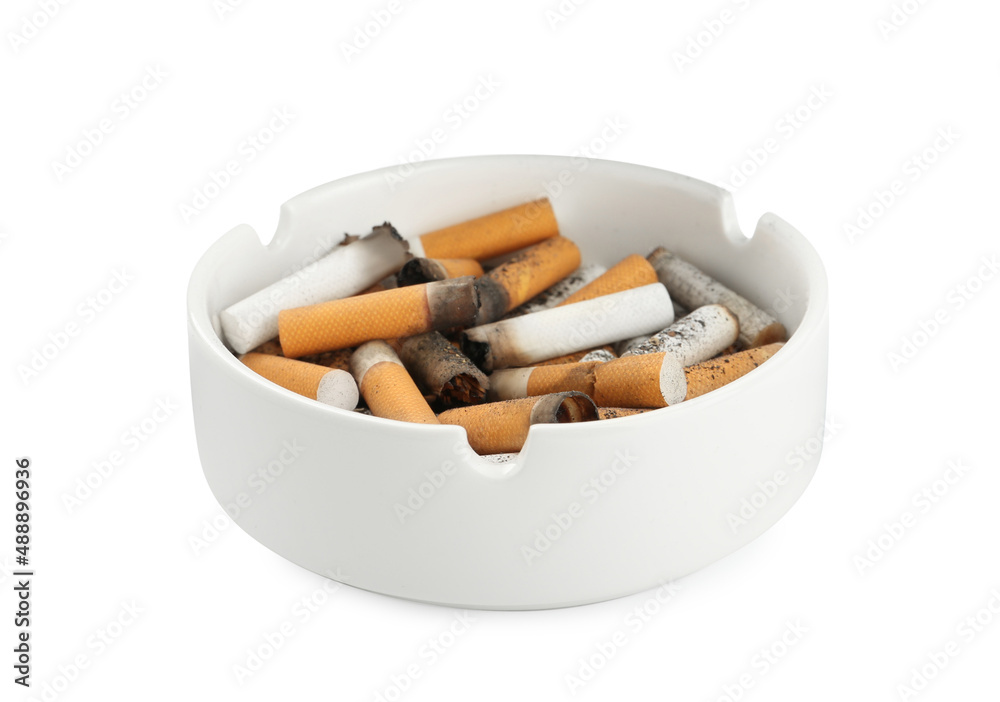 Ceramic ashtray with cigarette stubs isolated on white Ceramic ashtray with cigarette stubs isolated on white