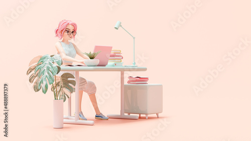 Fototapeta Naklejka Na Ścianę i Meble -  Happy young woman sitting on chair. enjoys studying learning and researching information from computer. pink laptop is placed on work desk. cartoon character, 3d rendering