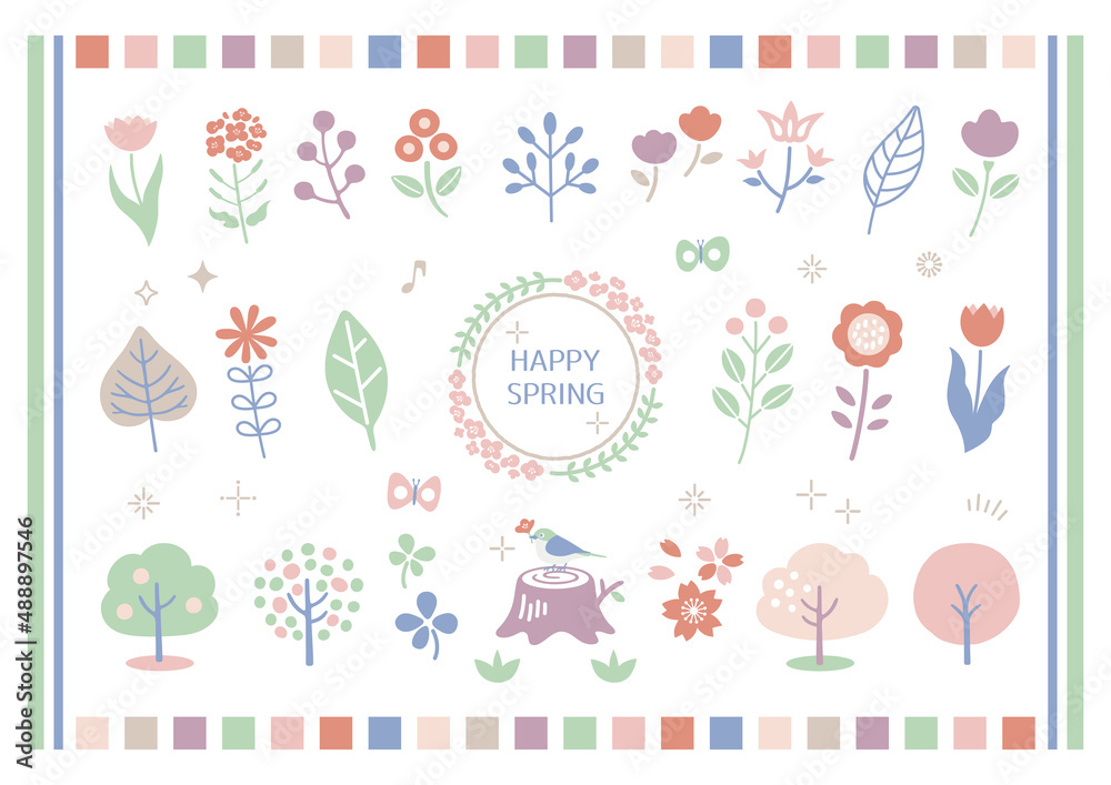 春の花と植物の手描きイラストセット / 花、木、植物、飾り 春の花と植物の手描きイラストセット / 花、木、植物、飾り