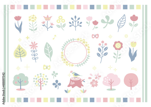 春の花と植物の手描きイラストセット / 花、木、植物、飾り