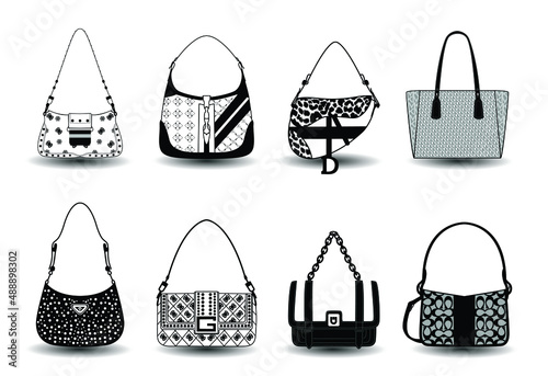 Woman bag icon, black and white fashion bag from famous brands
