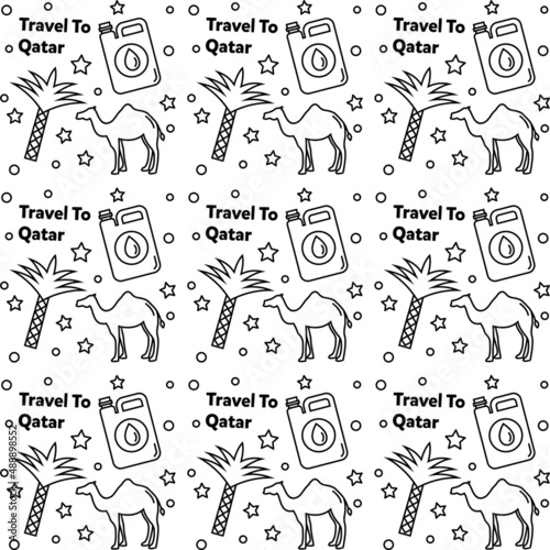Travel to Qatar doodle seamless pattern vector design. Map, flag, oil, camel are icon identic with Qatar.