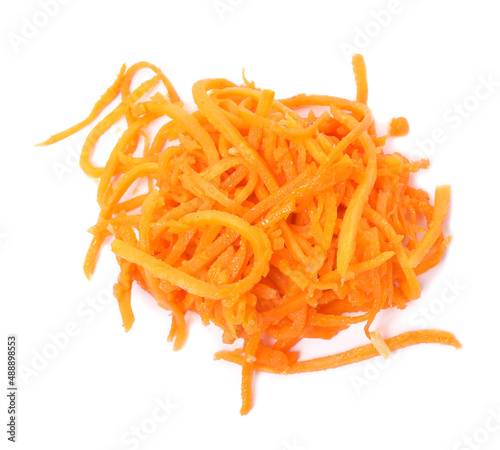 Delicious Korean carrot salad isolated on white, top view