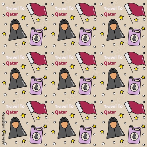 Travel to Qatar doodle seamless pattern vector design.
Map, flag, oil, camel are icon identic with Qatar. photo