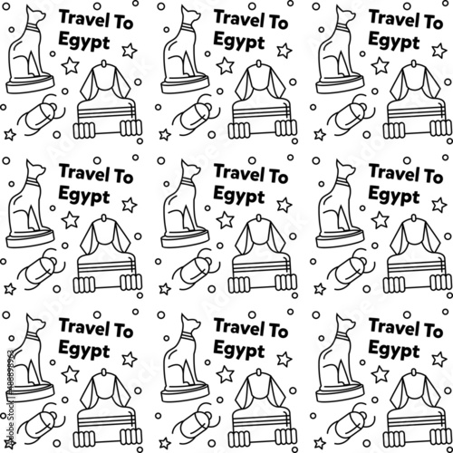 Travel to Egypt doodle seamless pattern vector design.
Pyramid, spinx , Map, Flag are icons identic with Egypt
