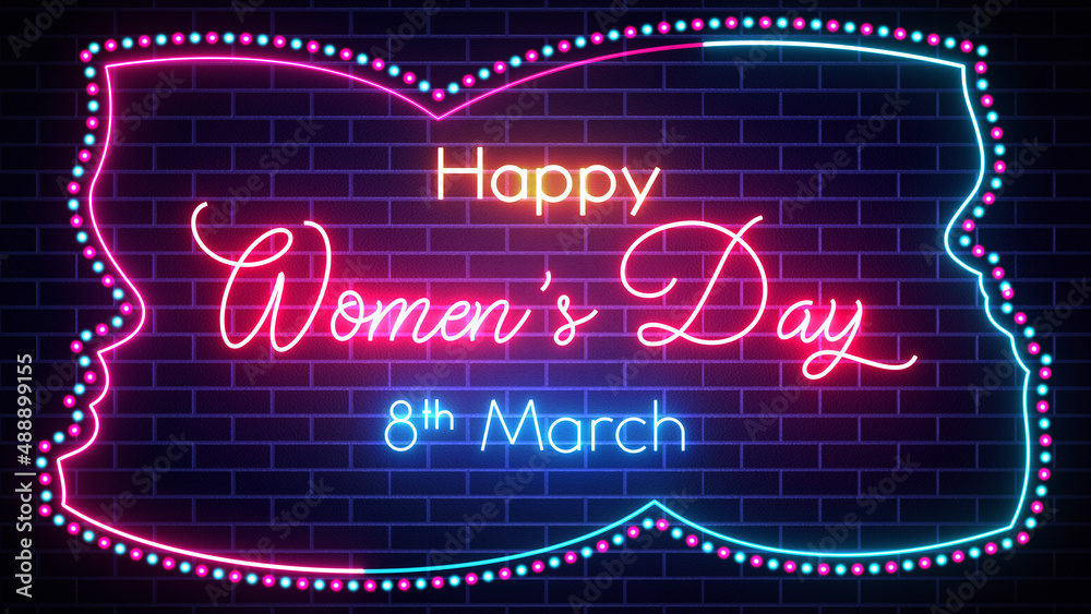 Blue Red Yellow Glowing Happy Women's Day 18th March Text Inside Dots And Line Border Frame Of Woman Face Silhouette Neon Light On Brick Wall Background