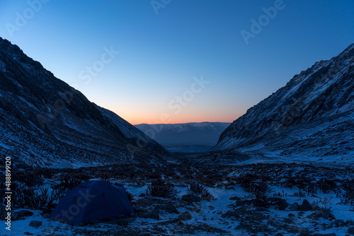 sunrise tent in the mountains