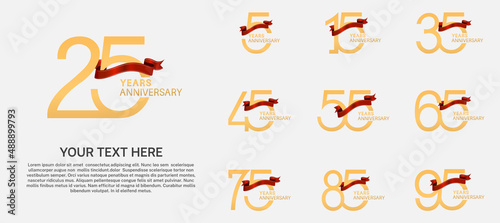 set anniversary logotype premium collection golden color and red ribbon isolated on white background
