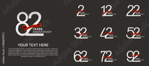 set anniversary logotype premium collection silver color and red ribbon isolated on black background