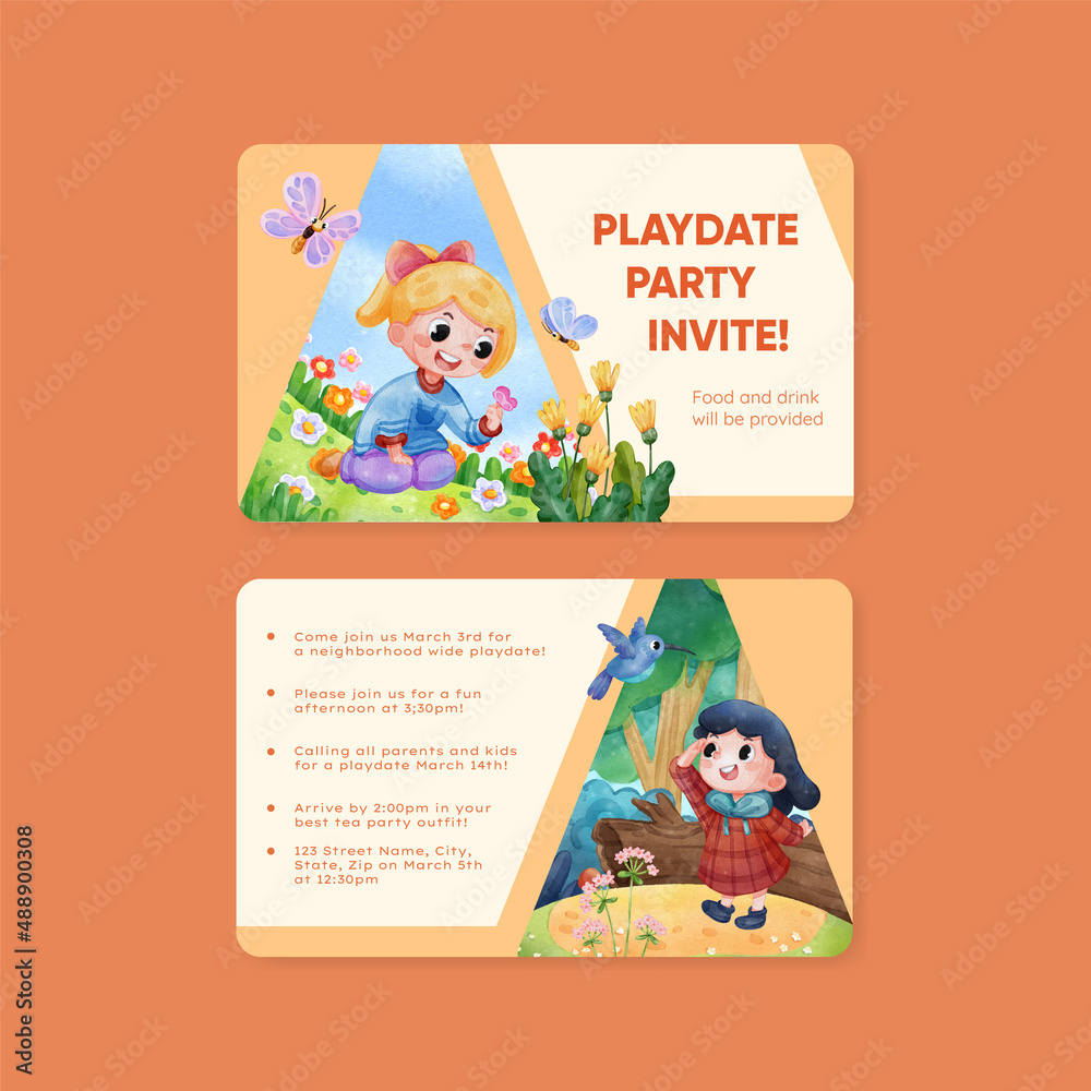 Fototapeta premium Play date card template with children enjoy in spring,watercolor style