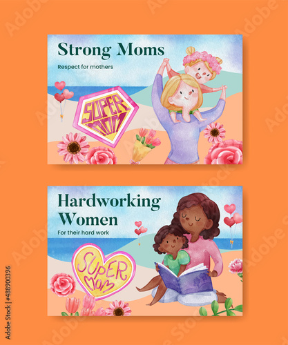 Facebook template with love supermom concept,watercolor style