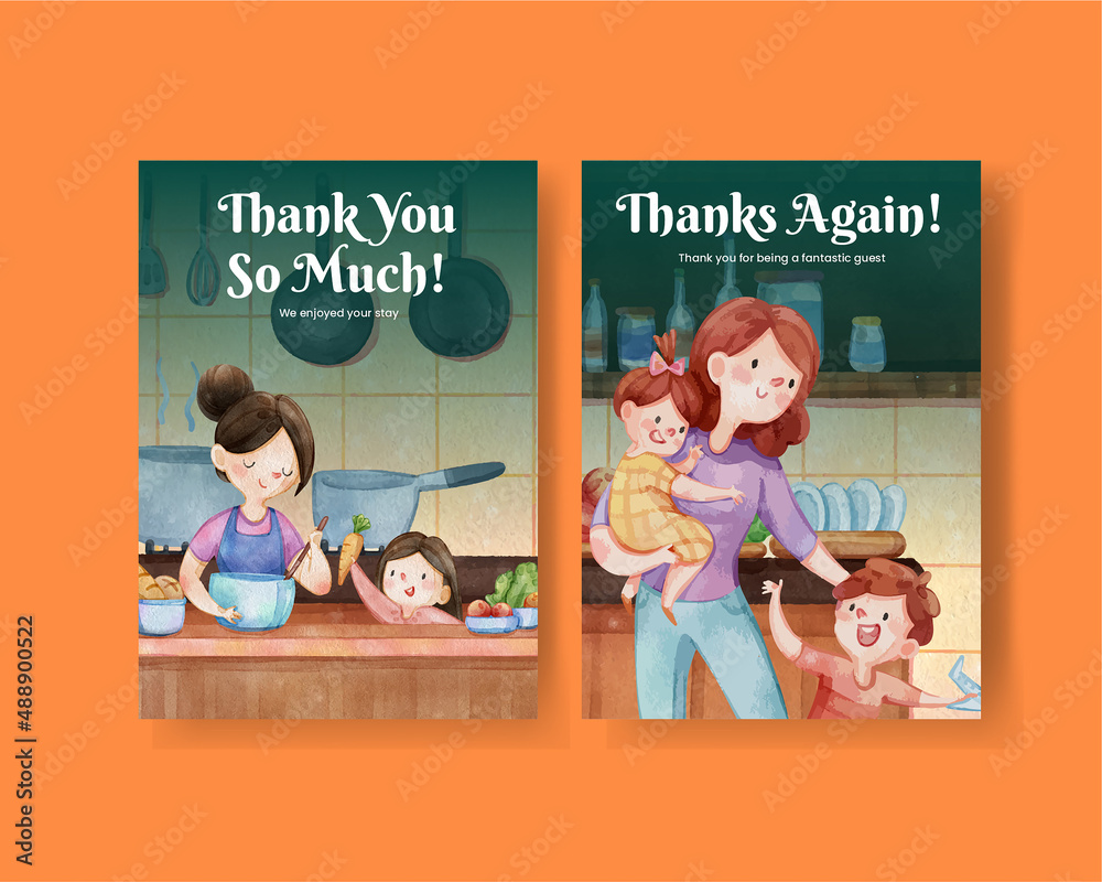 Thanks card template with love supermom concept,watercolor style Thanks card template with love supermom concept,watercolor style