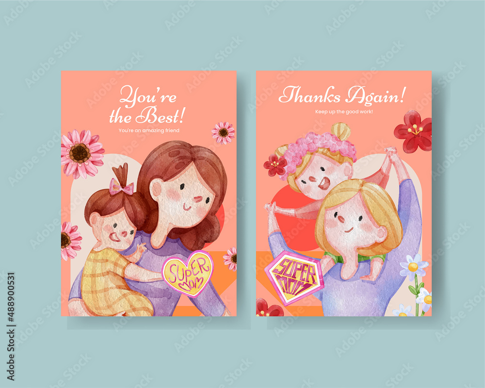 Thanks card template with love supermom concept,watercolor style