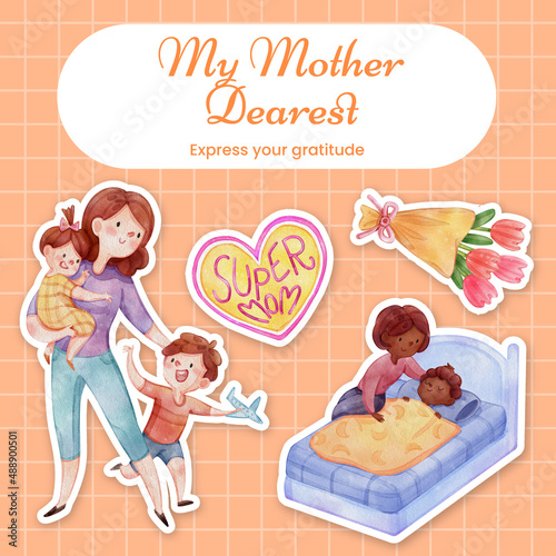 Sticker template with love supermom concept,watercolor style