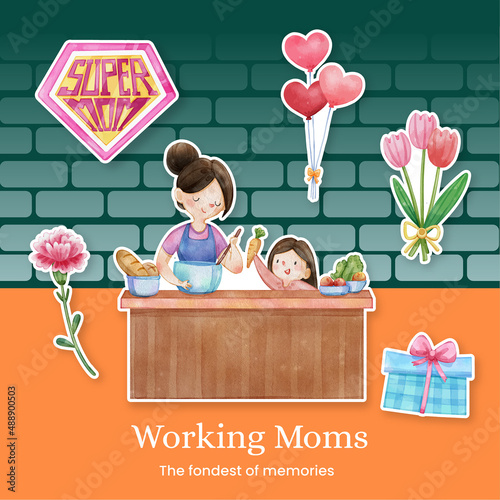 Sticker template with love supermom concept,watercolor style