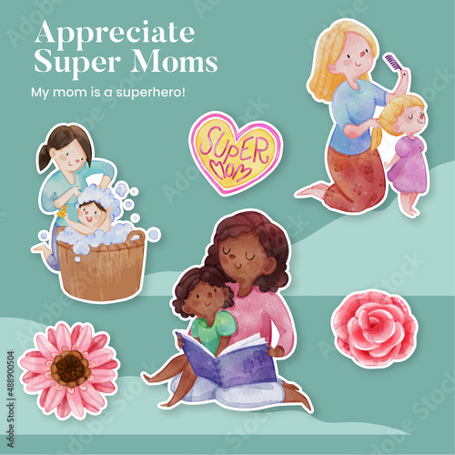 Sticker template with love supermom concept,watercolor style