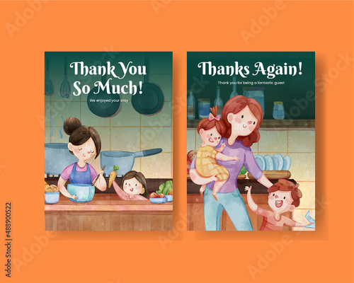 Thanks card template with love supermom concept,watercolor style