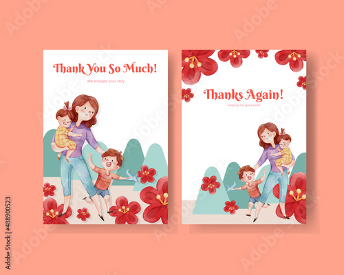 Thanks card template with love supermom concept,watercolor style