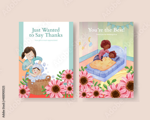 Thanks card template with love supermom concept,watercolor style
