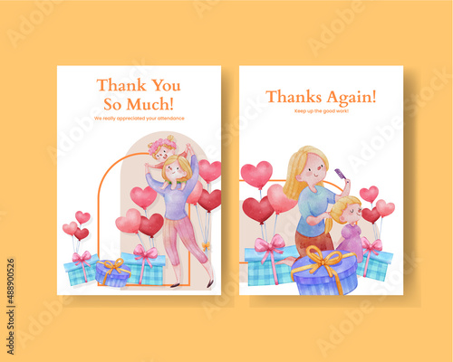 Thanks card template with love supermom concept,watercolor style