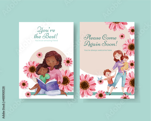 Thanks card template with love supermom concept,watercolor style