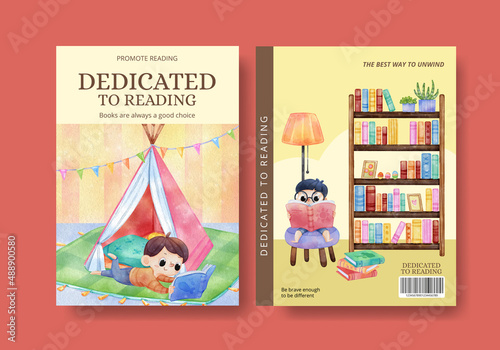Cover book template with world book day concept,watercolor style