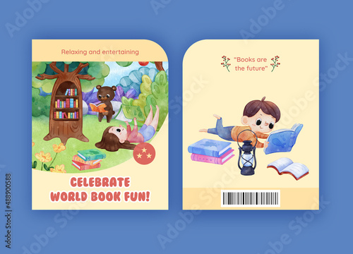 Cover book template with world book day concept,watercolor style