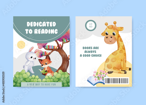 Cover book template with world book day concept,watercolor style