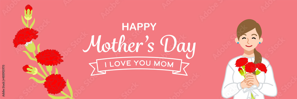 Smiling mother and carnation flowers- Mother's day template design banner ratio Smiling mother and carnation flowers- Mother's day template design banner ratio