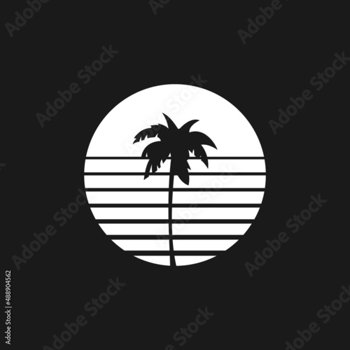 Retrowave sun 1980s style with palm tree silhouette. Black and white sun with stripes and palm tree silhouettes. Design element for retrowave style projects.Vector