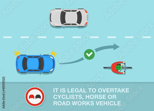 Overtaking or passing rules. Safety car driving tips. "No overtaking" restriction area. It is legal to overtake cyclists, horse or road works vehicle. Flat vector illustration template.