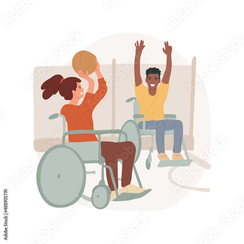 Basketball abstract concept vector illustration. Disabled kid in a wheelchair with a ball on the sports ground playing basketball, handicapped people, active lifestyle abstract metaphor.