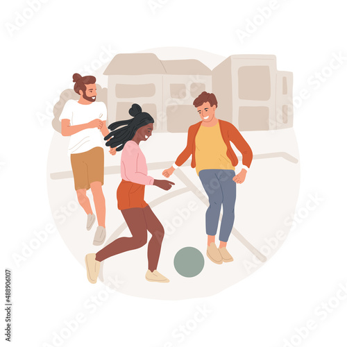 Soccer field abstract concept vector illustration. European football field, diverse people play soccer, suburban houses on background, community sport facility, public stadium abstract metaphor.