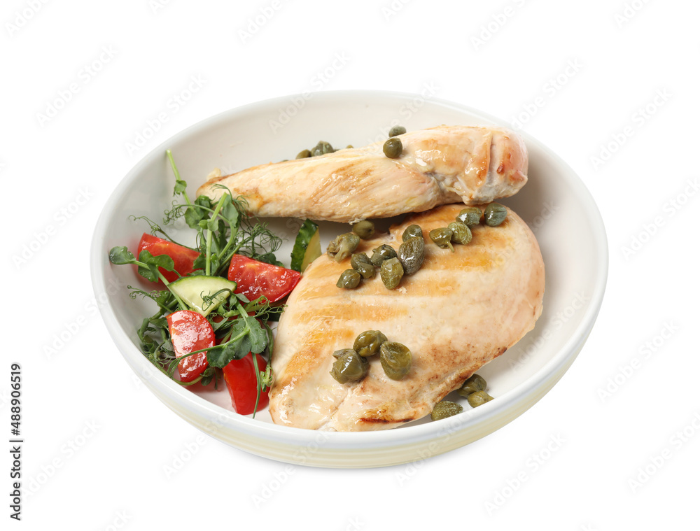 Delicious cooked chicken fillets with capers and salad on white background