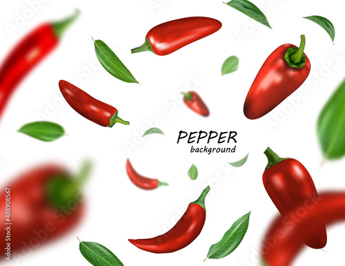 Many red chili peppers free falling on white background. Realistic vector, 3d illustration