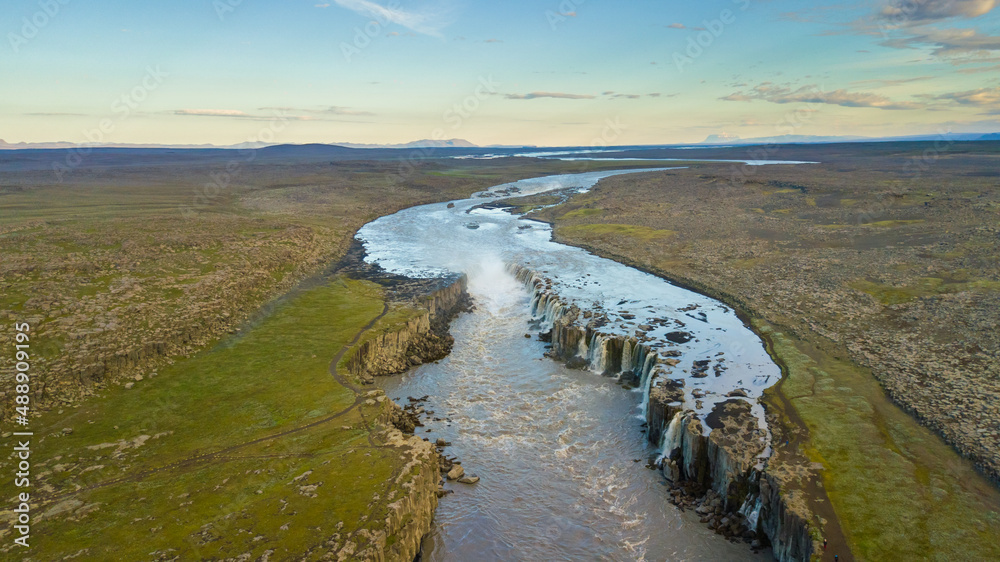 Aerial view of Godafoss (Goðafoss) waterfall. It one of the spectacular waterfalls in Iceland. 