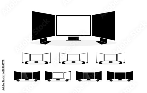 Three digital computer widescreen lcd monitor in a row. Programming monitor wide screen with sun light or ray reflection. Left & Right monitor in angular perspective. Vector icon design set.