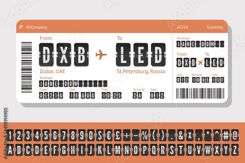 Airplane Ticket isolated in white with airport typeface. Flight coupon with destination in terminal font. Airline trip vector card with black abc