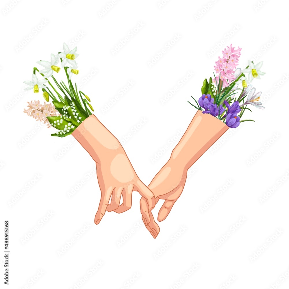 Hold hands. Flowers in the hands. A bouquet with the first flowers. An open letter with flowers, petals, a heart. Postcard declaration of love