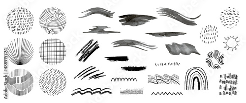 Set of abstract hand drawn patterns and organic line in circle. Elements of watercolor brush, curved and wavy line, waves and brush stroke. Collection for product design, marketing, ads and decor.
