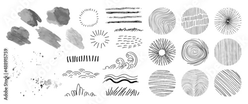 Set of abstract hand drawn patterns and organic line in circle. Elements of watercolor brush, curved and wavy line, waves and brush stroke. Collection for product design, marketing, ads and decor.
