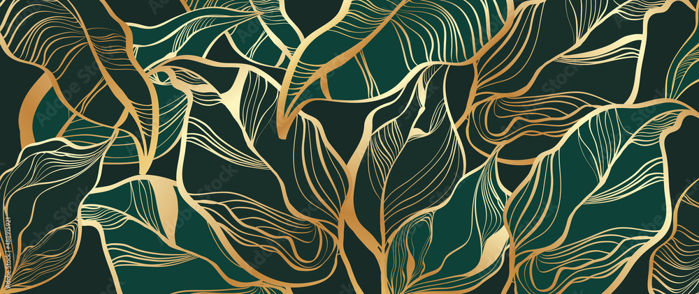 Elegant tropical leaf on green background. Golden and luxury philodendron  leaves in gold and shining line art pattern. Premium wave line design for  wallpaper, banner, covers, wall art, home decor. Stock Vector |